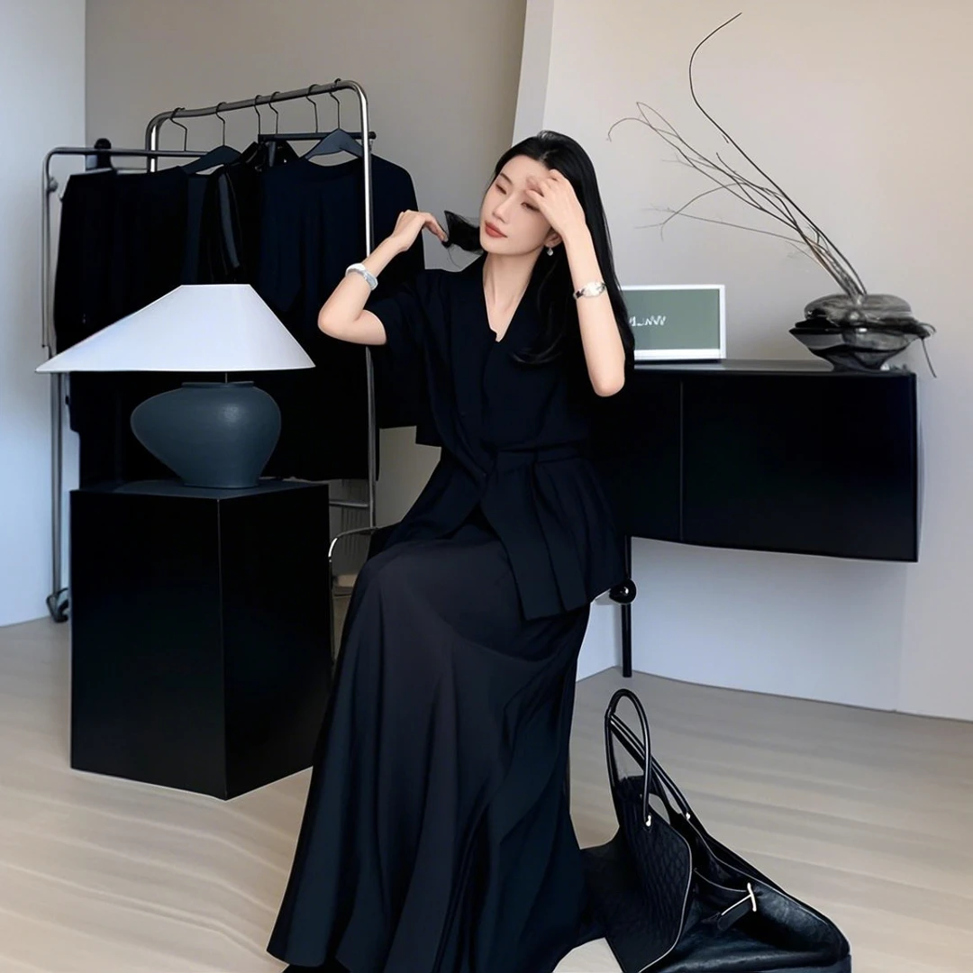 大码泡泡袖V领宽松衬衫+松紧腰半身裙两件套女夏季微胖mm复古套装