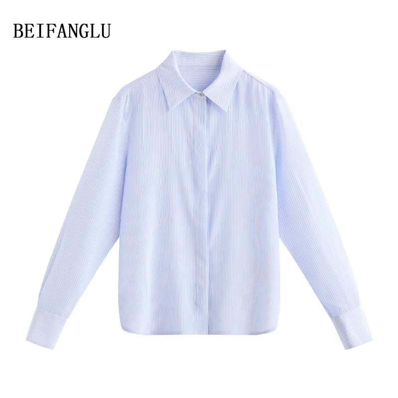 北方鹿 法式轻奢桑蚕丝！ 丝滑舒适蓝条纹暗门襟女士衬衫25502