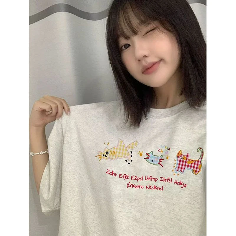 美式潮牌重磅短袖女t恤夏季2025新款小众设计感猫咪贴布刺绣上衣