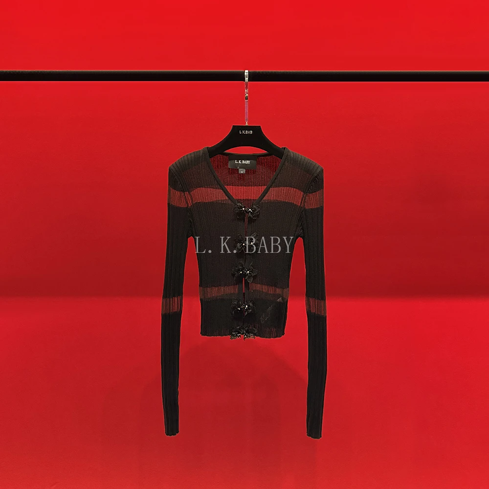 【L.K.BABY】一见心动 纯欲性感「透视分割」气质花朵冰感针织开衫