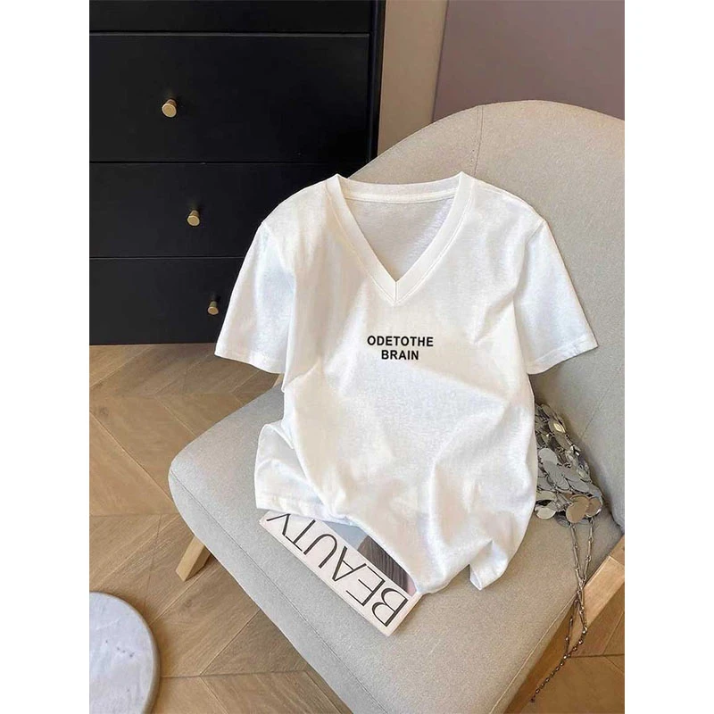 2025夏季新款小众v领正肩雪花棉短袖T恤女装时尚百搭减龄白色上衣