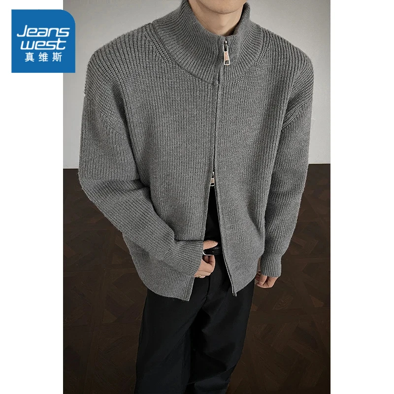 真维斯拉链立领针织开衫毛衣男士秋冬新款纯色美式复古毛线衣外套