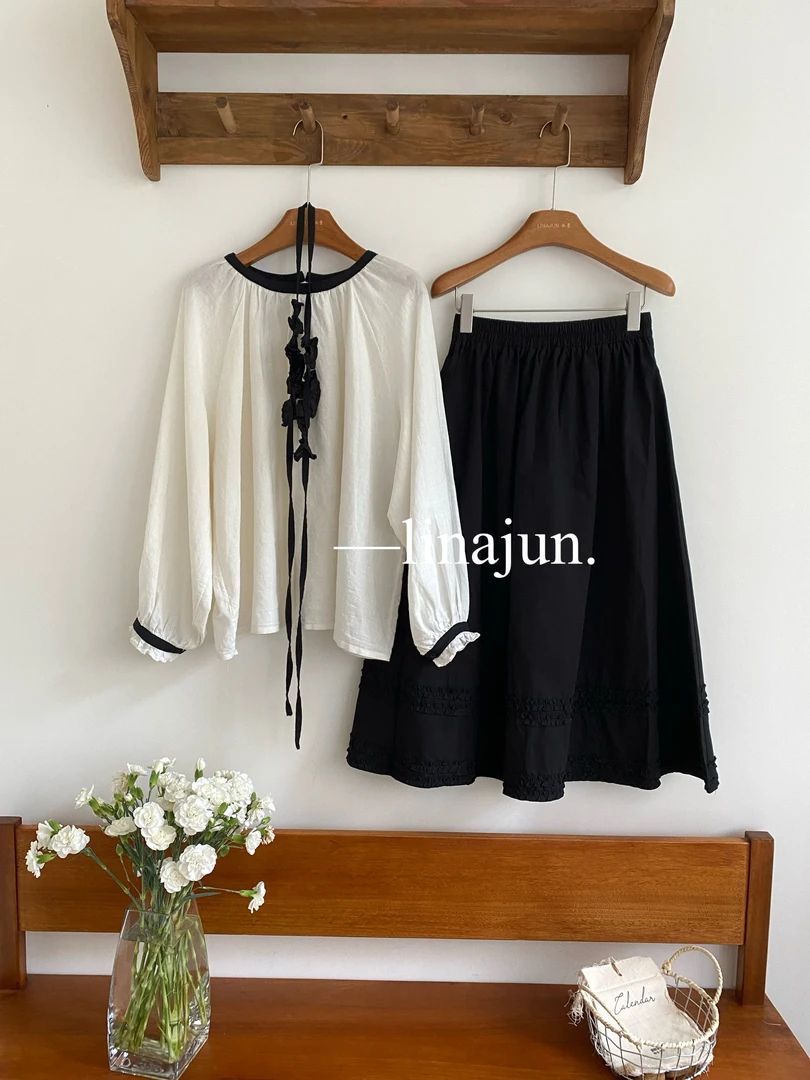 6.25秋棠春季新款韩系拼色花边长袖衬衫配系带