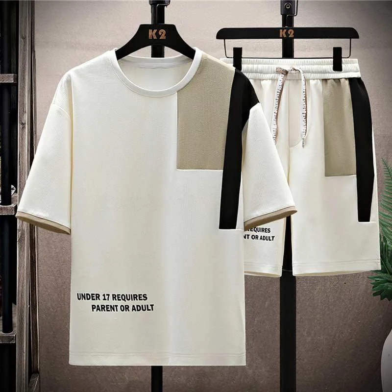 休闲运动套装男夏季撞色拼接冰丝t恤男青少年短袖短裤两件套衣服T