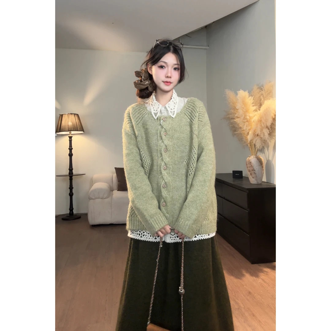 【牛油果绿】春款慵懒软糯高级感宽松外穿针织毛衣女上衣慵懒风绿色