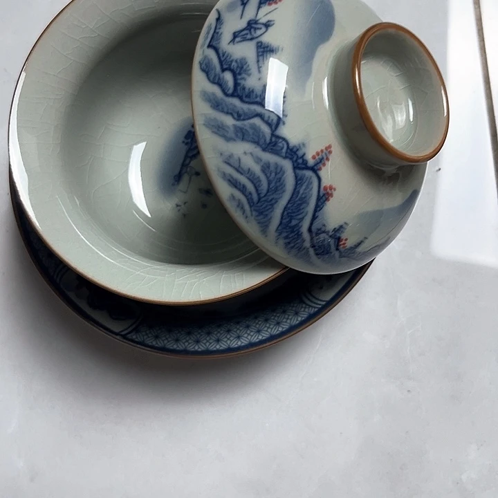 红山水大高足盖碗