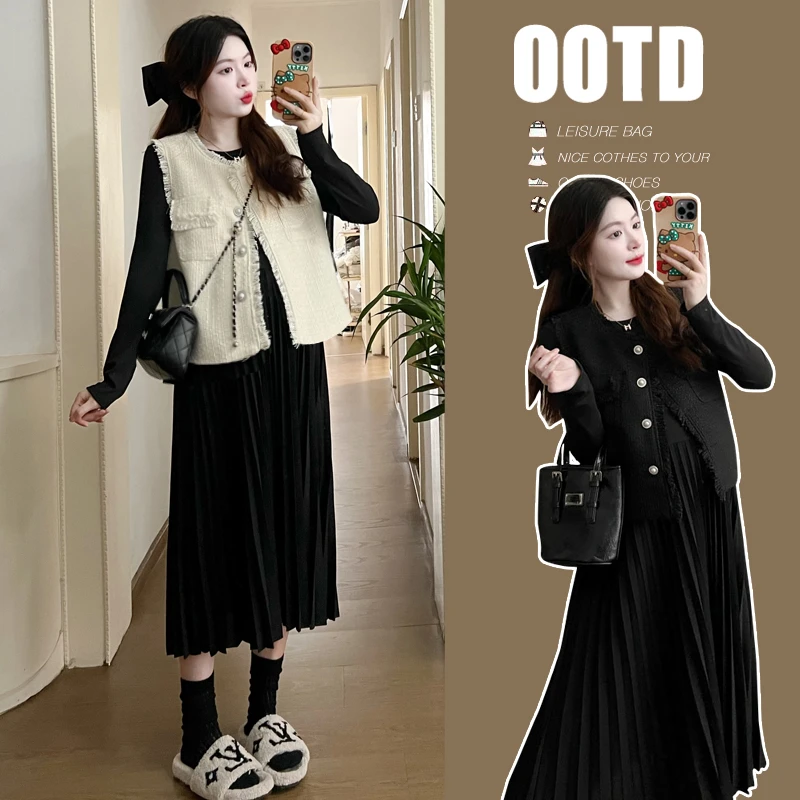 【苏遇婉】2025新款孕妇装秋装小香风马甲+连衣裙套装两件套