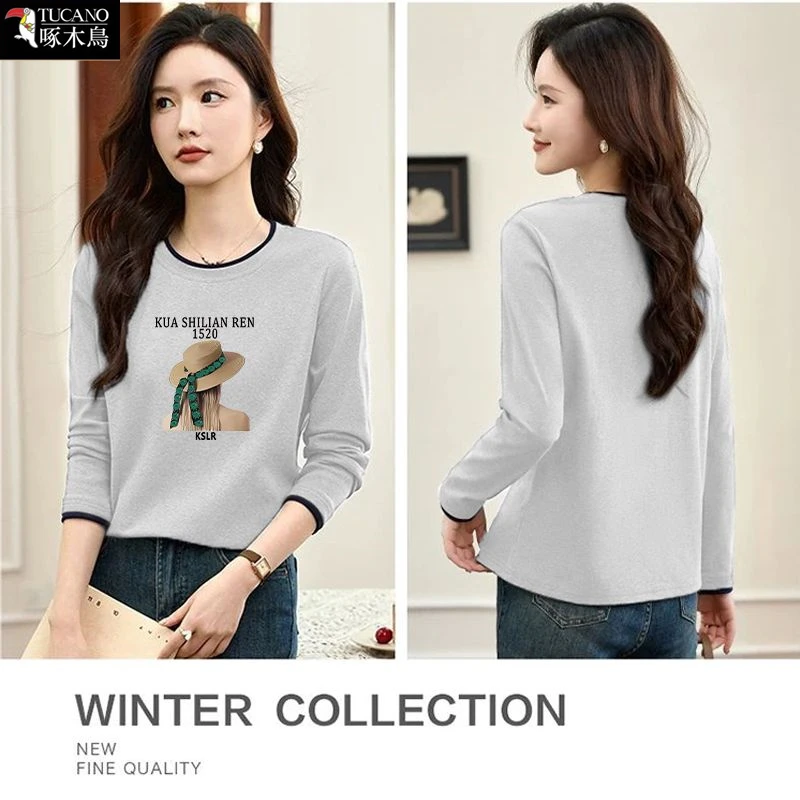 啄木鸟正品简约印花上衣女小个子2026年春秋薄款圆领百搭长袖T恤