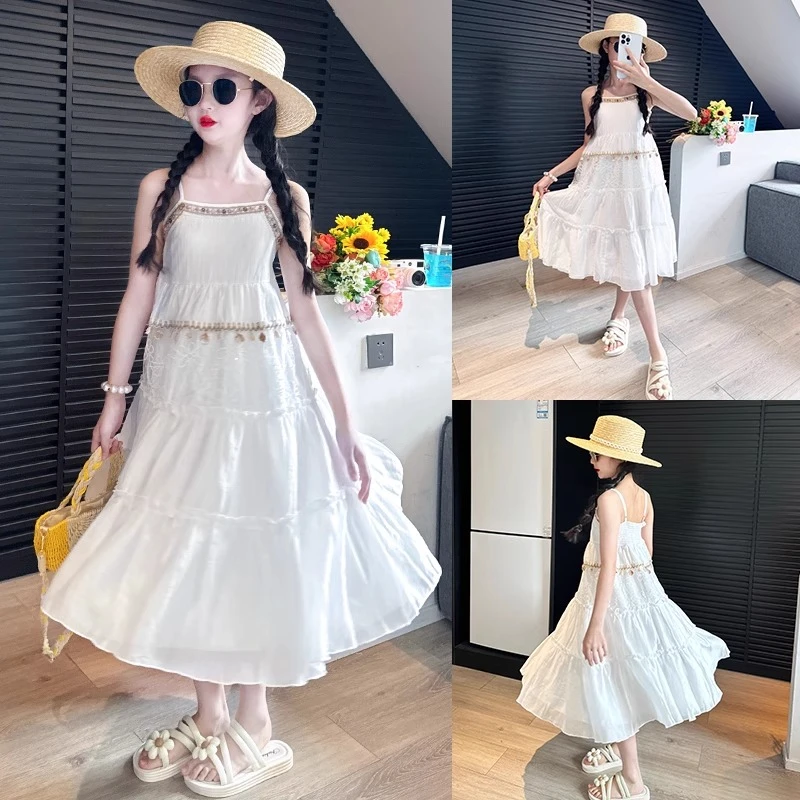 女童裙子夏高级感2025新款大童女孩海边沙滩吊带裙波西米亚连衣裙