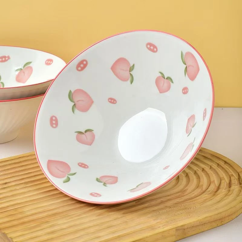 【4只装】8英寸水密桃斗碗高温釉下彩陶瓷餐具
