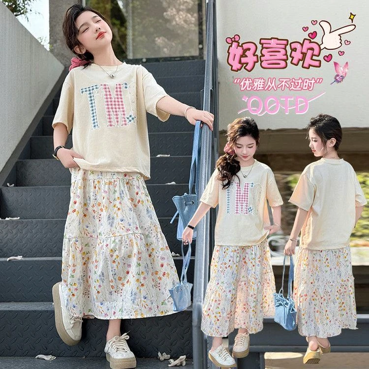浪漫一夏～【淑女穿搭】女童夏季短袖碎花半身裙套装长裙两件套
