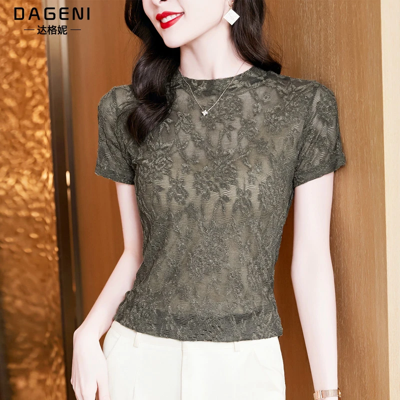 蕾丝短袖T恤女夏季2024新款洋气修身百搭小衫时尚气质打底衫上衣