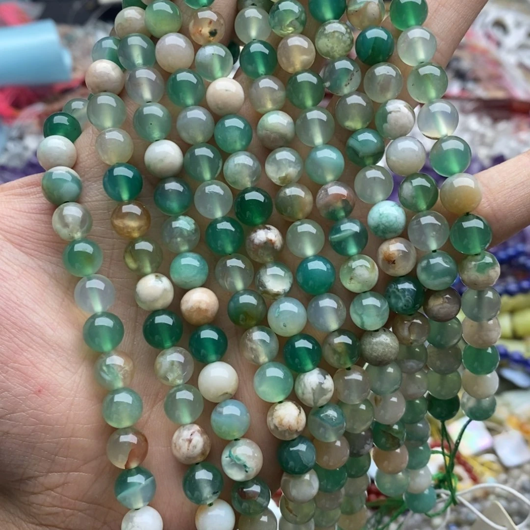 玛瑙/玉髓未镶嵌珠宝半成品一条天然8mm绿樱花玛瑙