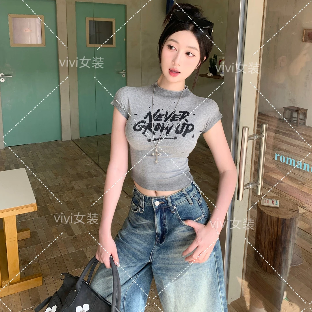 美式辣妹正肩半高领短袖t恤女 夏季显瘦修身设计感小飞袖上衣