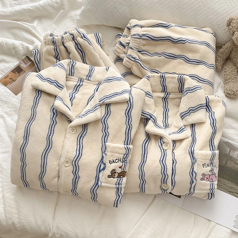 复古ins条纹刺绣小猫情侣款加绒加厚法兰绒保暖宽松睡衣女可外穿