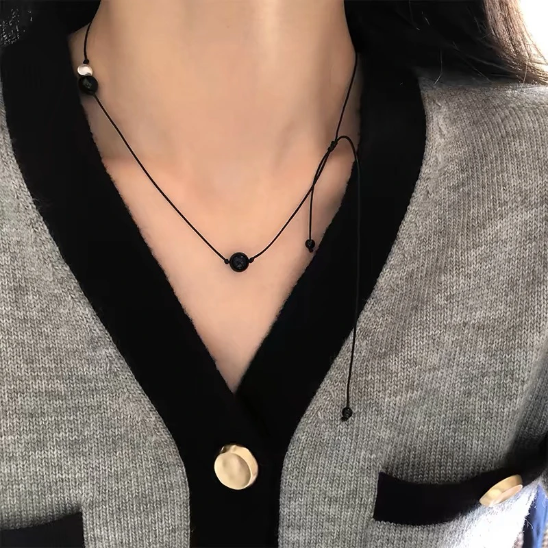 十里间【黑玛瑙】文艺清新路路通天然石项链编织绳锁骨链