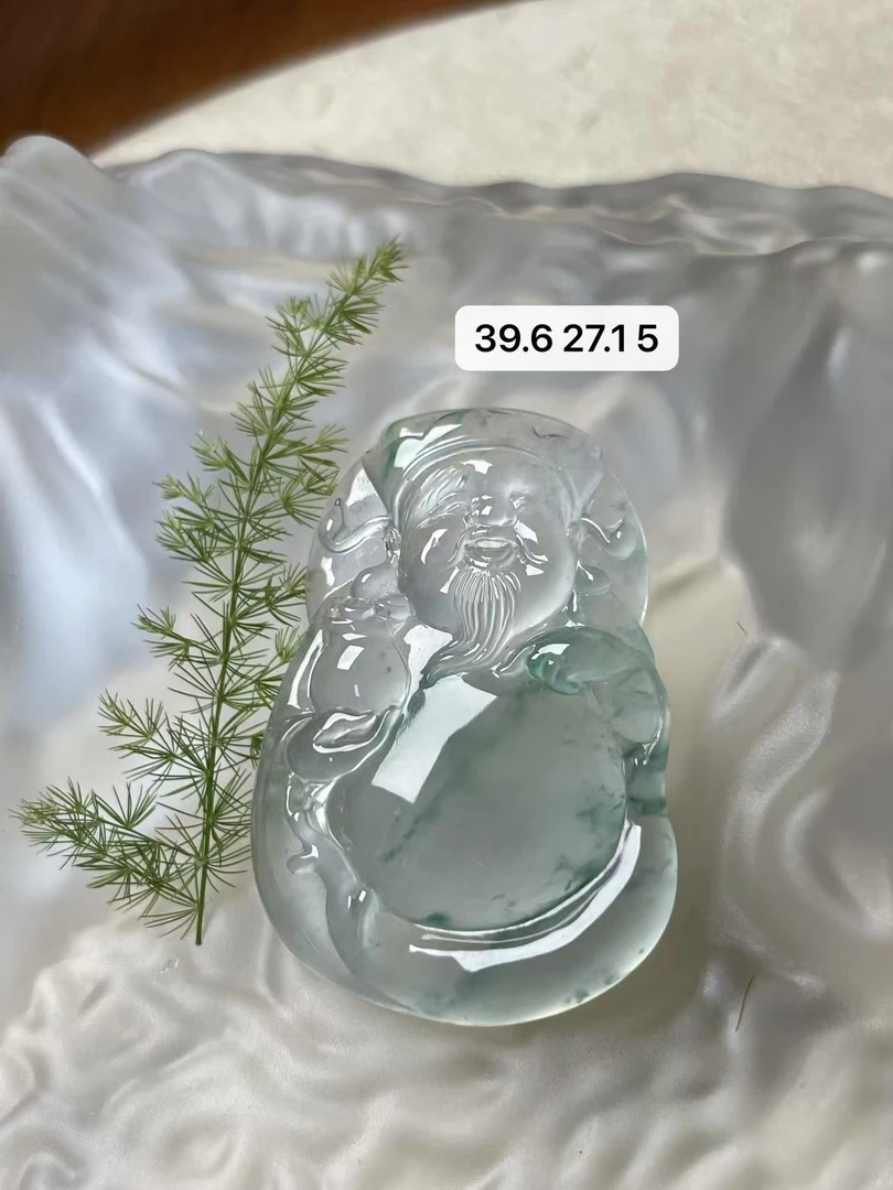 天然a货缅甸翡翠玻璃种飘绿彩起光财神吊坠