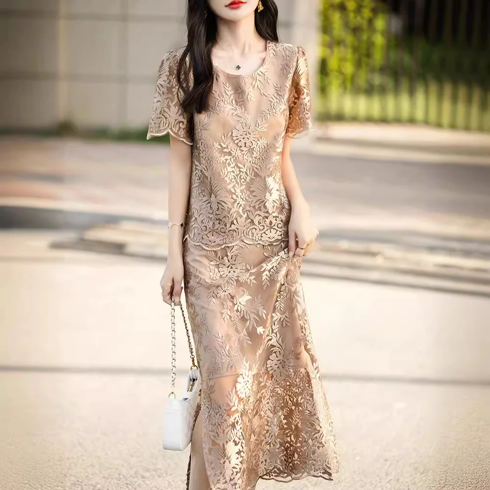 柔软真丝绣花裙重磅桑蚕丝裙子高端蕾丝2024新中式夏季高级感两件