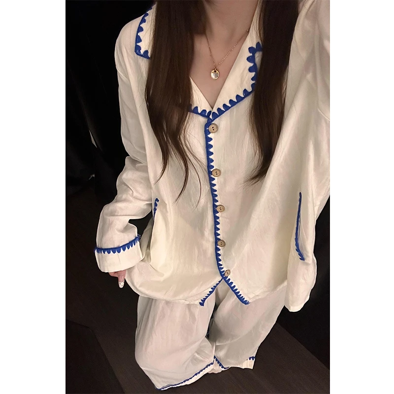 撞色条纹设计感翻领休闲睡衣女春夏季新款舒适家居服长袖长裤套装