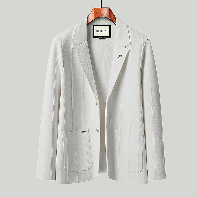 条纹小西装男士单排扣商务正装高级感痞帅针织开衫外套休闲单西服