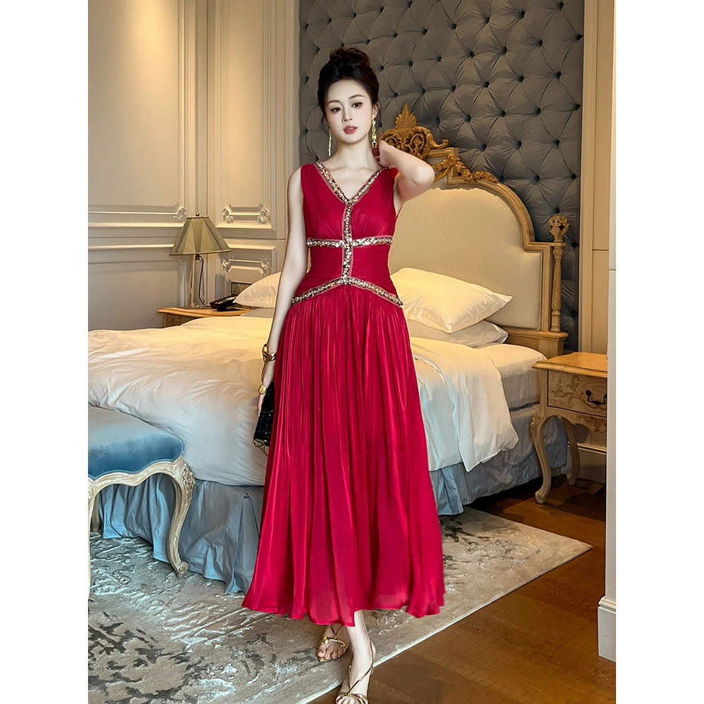 25晚礼服裙夏季新款女装法式性感领收腰雪纺长款越南小众连衣裙