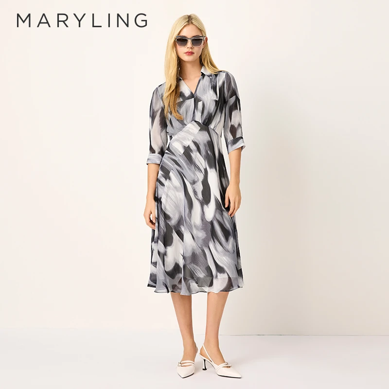MARYLING玛俪琳2025春季新品V领A摆艺术感印花连衣裙A1FBW61460