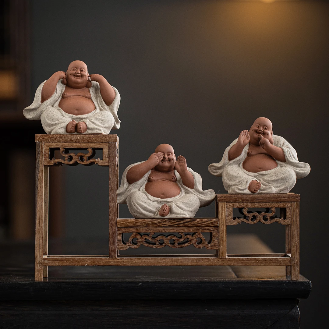 创意紫砂三不弥勒佛茶宠摆件不说不听不看禅意家居可养茶玩工艺品