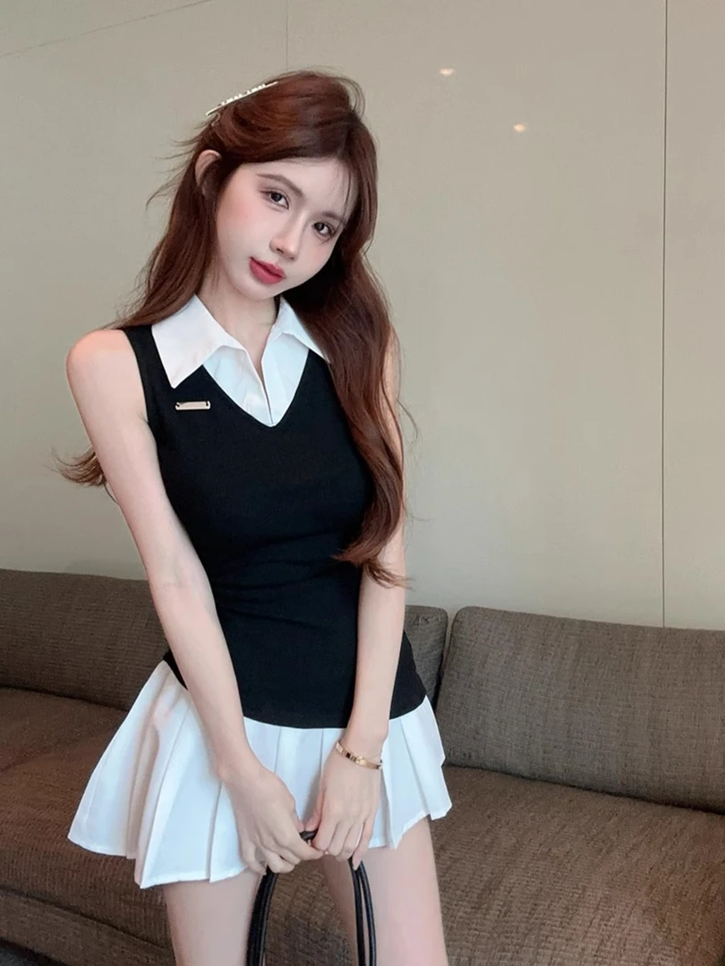 美式学院风假两件衬衫连衣裙女夏季修身收腰显瘦气质无袖背心裙子