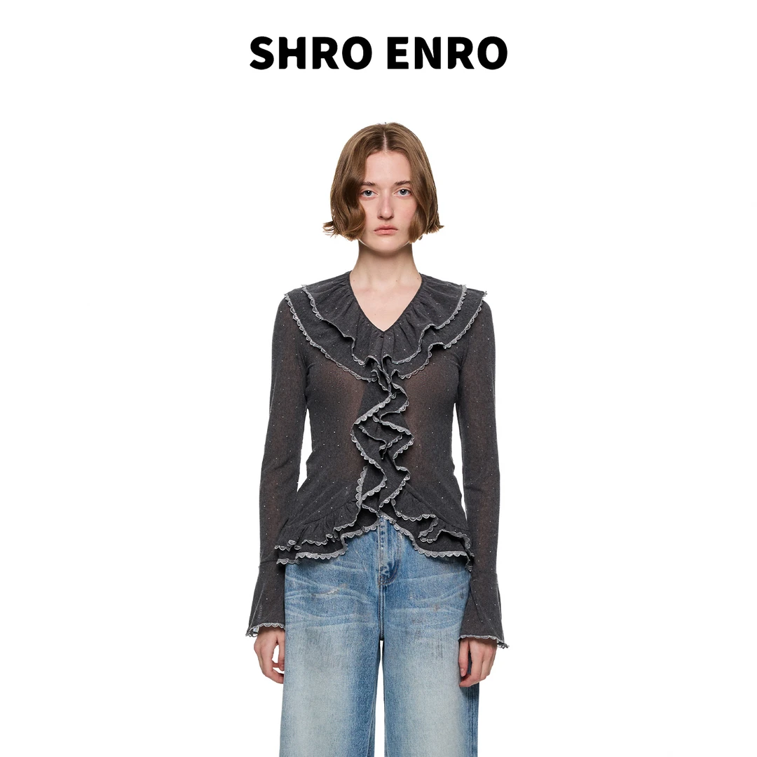SHRO ENRO 2025秋季修身烫钻法式荷叶边套头V领长袖S52A02YL005