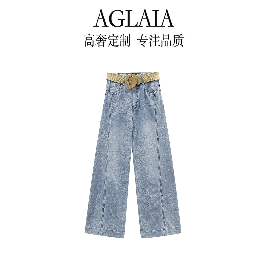 AGLAIA2025夏季新款宽松休闲时尚烫钻织花百搭直筒牛仔裤子女8010