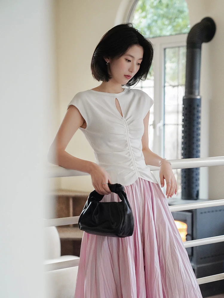 气质姐姐白色冰麻T恤女小飞袖修身针织套头衫设计感抽褶薄