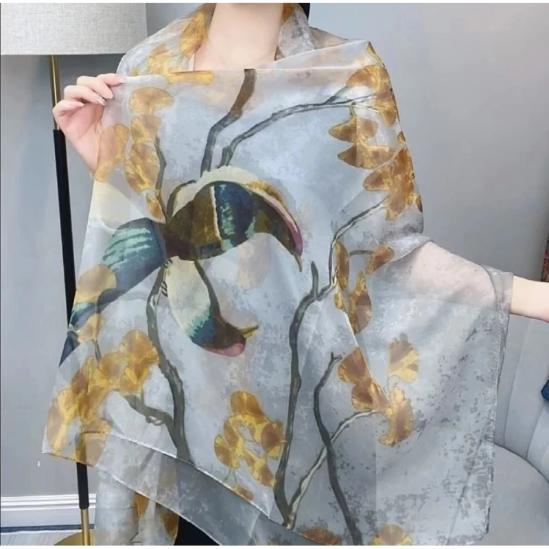 X004  银杏喜鹊   优柔纱高档百搭气质丝巾围巾拍照披肩
