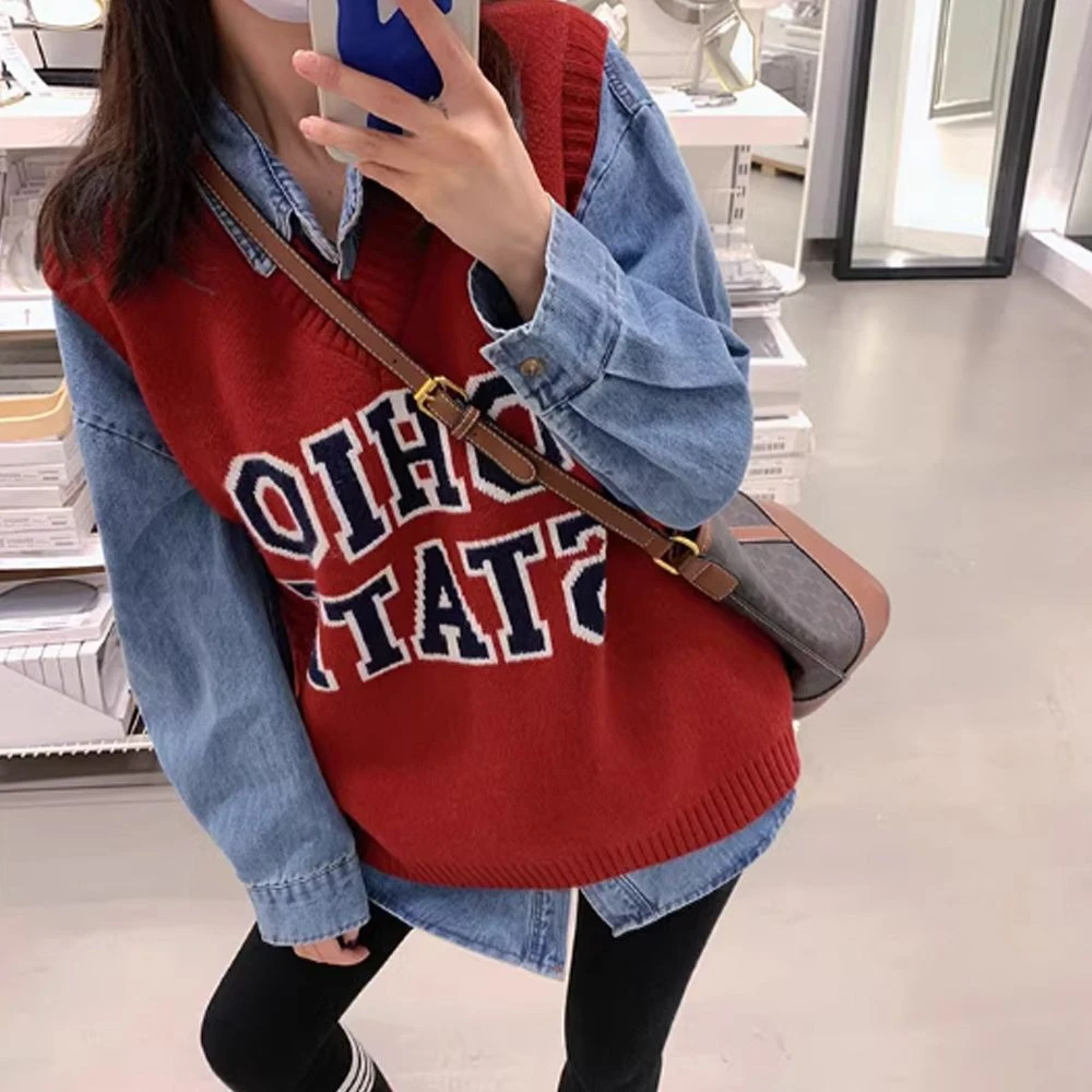 V领字母针织马夹复古春秋新款外穿新款慵懒风宽松时尚百搭保暖女