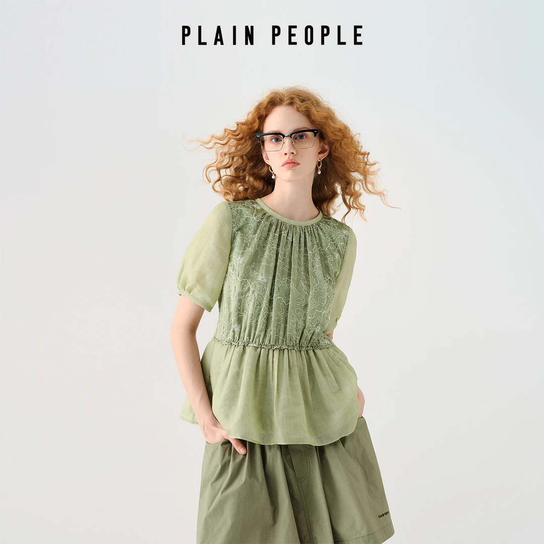 PLAIN PEOPLE法式丝棉刺绣拼接圆领收腰短袖上衣女绿色DJ0502D21