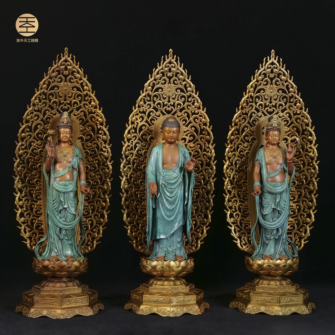 象外天工国风、西方三圣一套三尊全铜艺术家原创雕塑摆件佛像装饰
