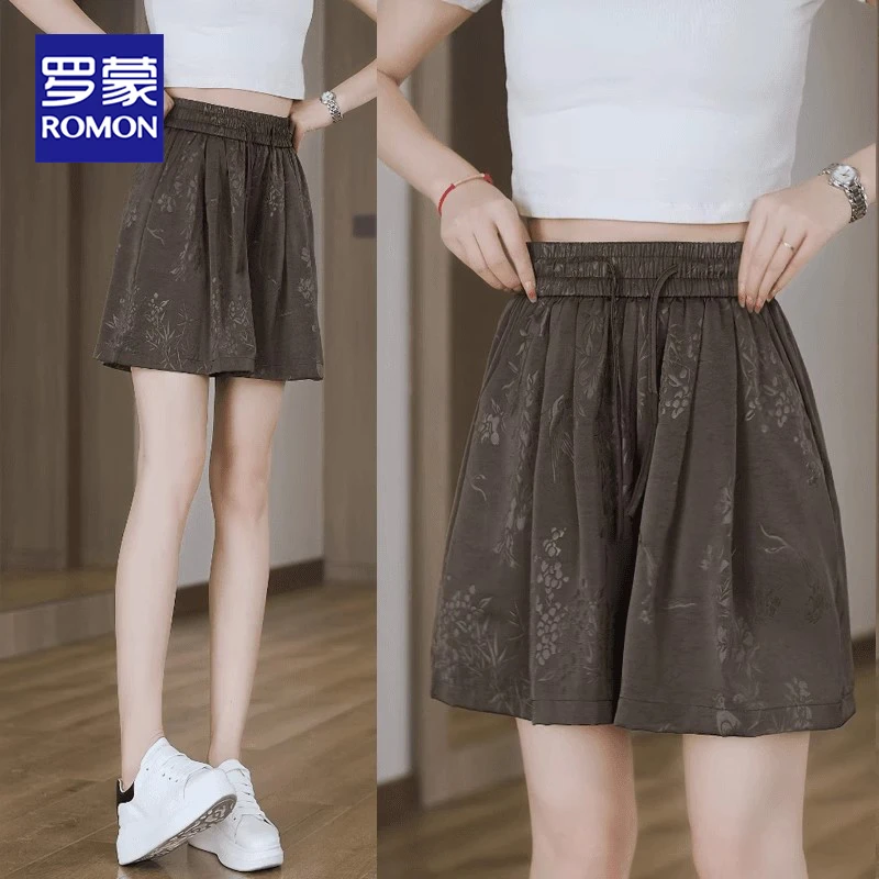 罗蒙女装醋酸提花冰丝凉凉短裤阔腿裤夏季2025宽松显瘦裤子女