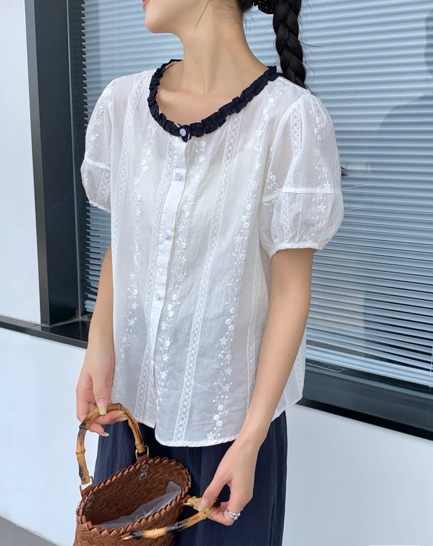 FUJIA STYLE新款时尚百搭简约气质休闲刺绣撞色短袖开衫C5286