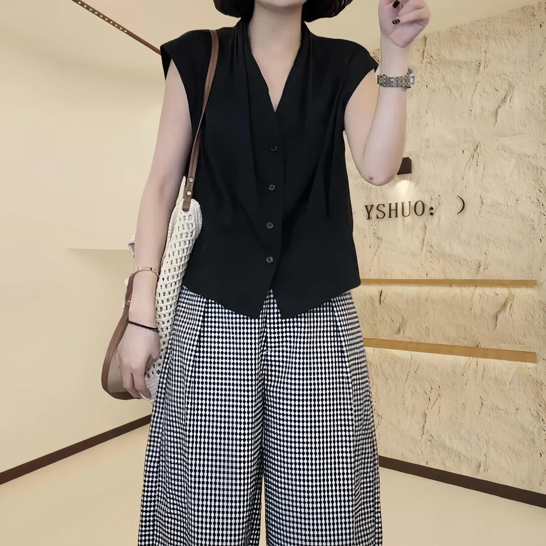 【莫奈花园】无袖V领衬衫宽松显瘦衬衫小众气质休闲慵懒风上衣女装