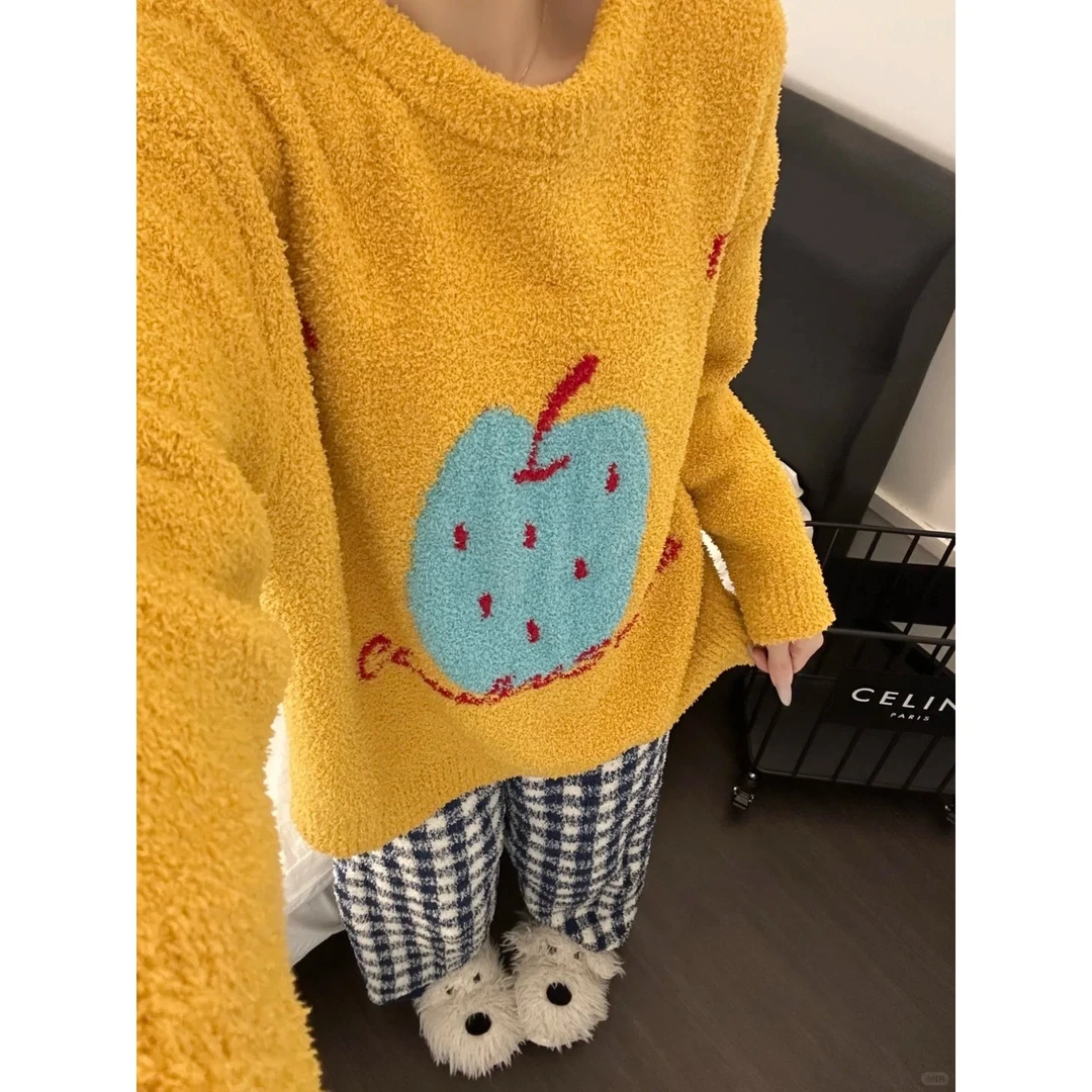 韩版卡通苹果针织半边绒睡衣女冬季新款加绒加厚保暖套装家居服