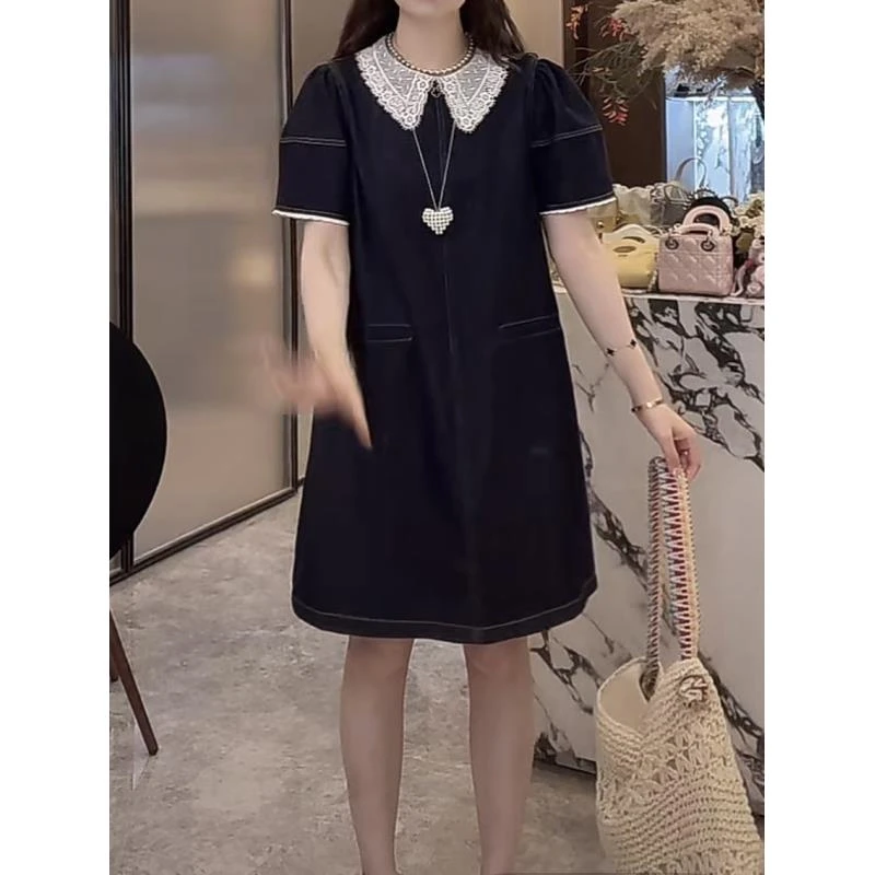 轻奢老钱】法式优雅风蕾丝边牛仔连衣裙春夏薄款蕾丝边A字裙