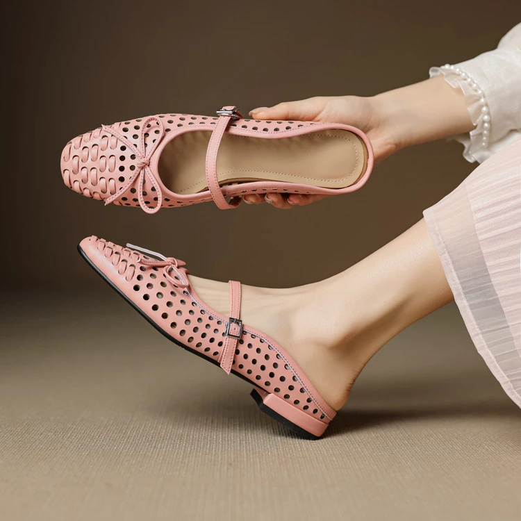 2cm 甜美蝴蝶结简约百搭粗跟包头拖夏季韩版时尚舒适软底镂空半拖