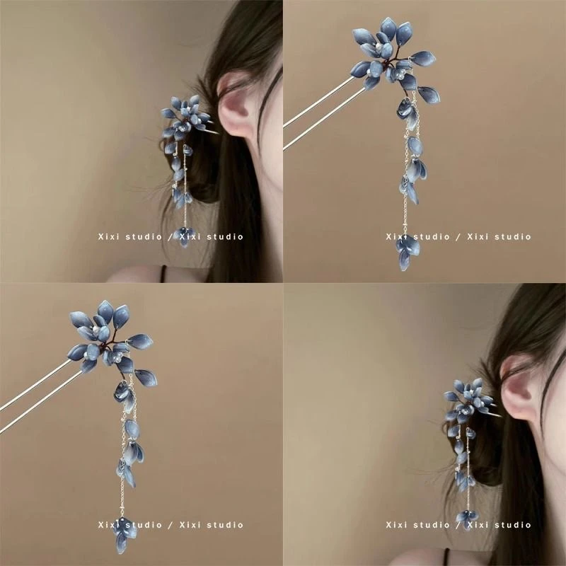 渐变水墨色花瓣发簪新中式琉璃流苏步摇清冷气质u型发钗汉服配饰