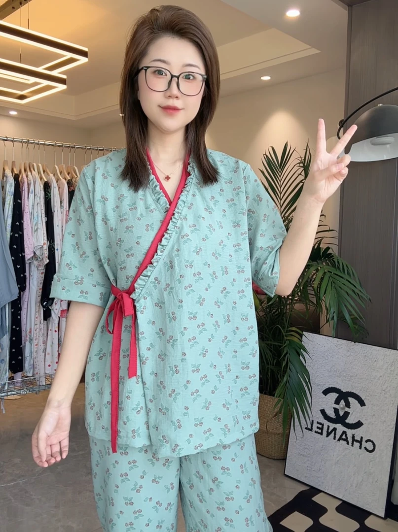 短袖套装女士棉纱睡衣套装短袖柔软四季棉纱家居服套装休闲外穿