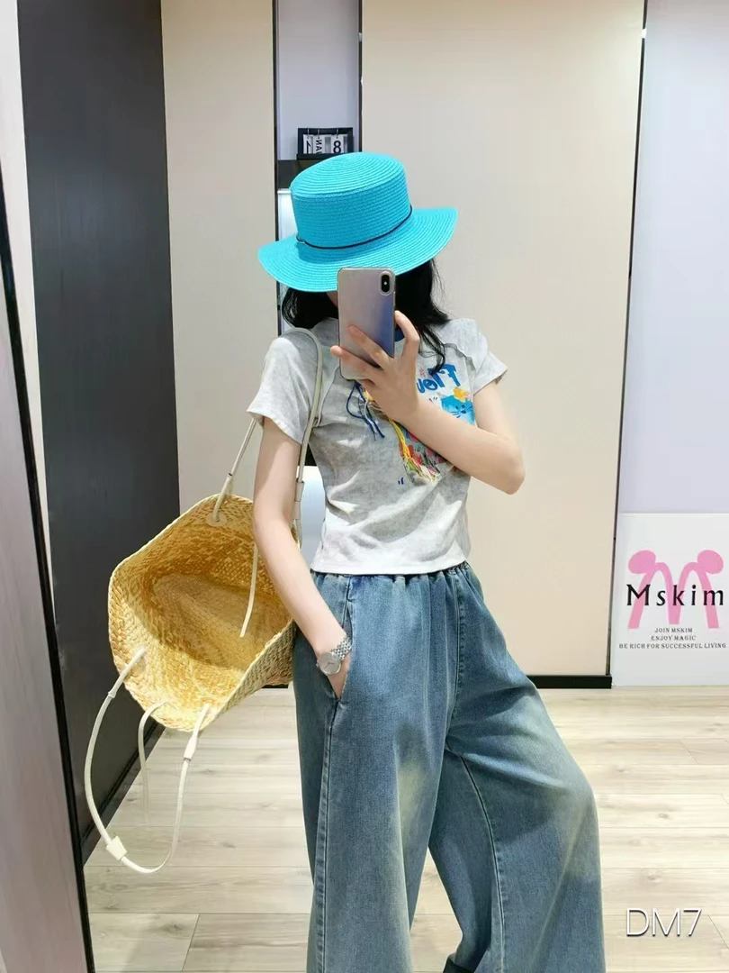 短款T恤烫印牛仔辣妹风可爱风高腰修身短袖夏款洋气
