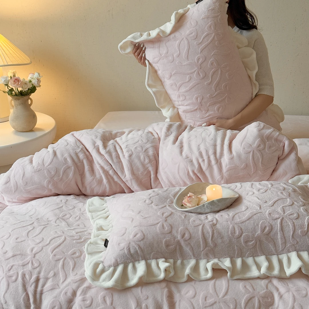 立体雕花四件套牛奶绒双面绒冬季床上加绒加厚被套毛绒床单床品