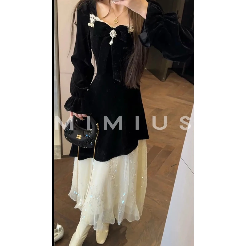 【mimius】U 赫本风网纱亮片拼接丝绒连衣裙 汉服 G12183