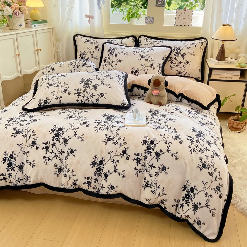 冬季8-9斤加厚牛奶绒四件套双面绒被套加绒被罩宿舍床单三件套