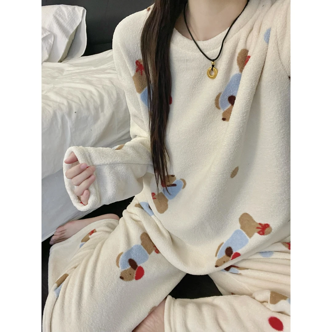 可爱简约腊肠狗法兰绒秋冬季新款加绒保暖睡衣女可外穿家居服套装