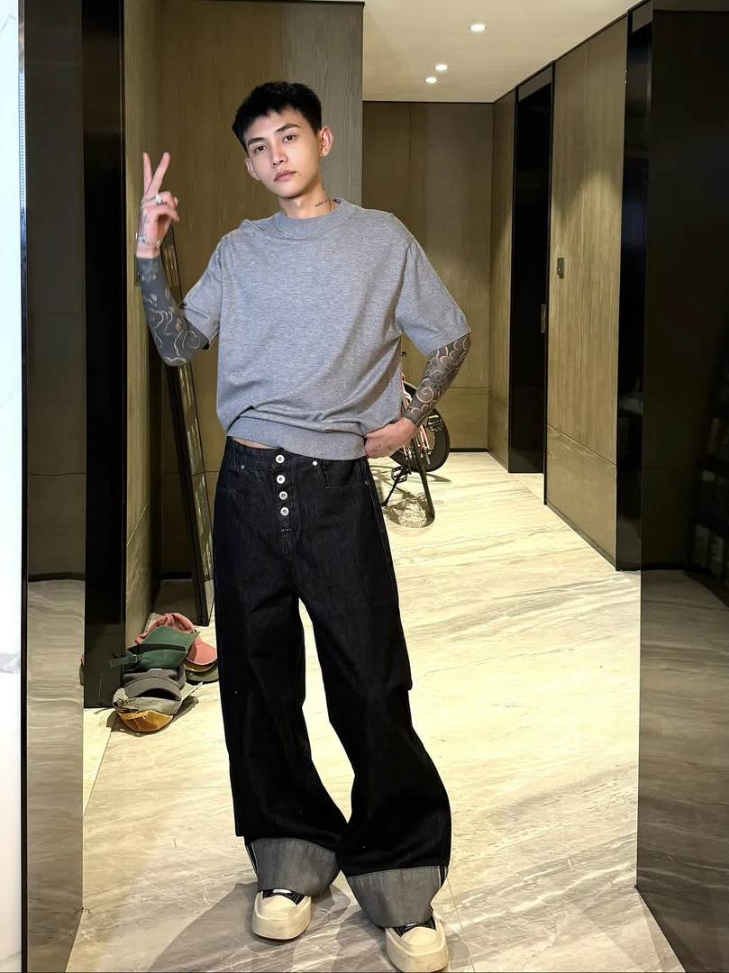 欧美风单排扣男士牛仔裤ins潮流个性直筒宽松长裤男生夏季裤子