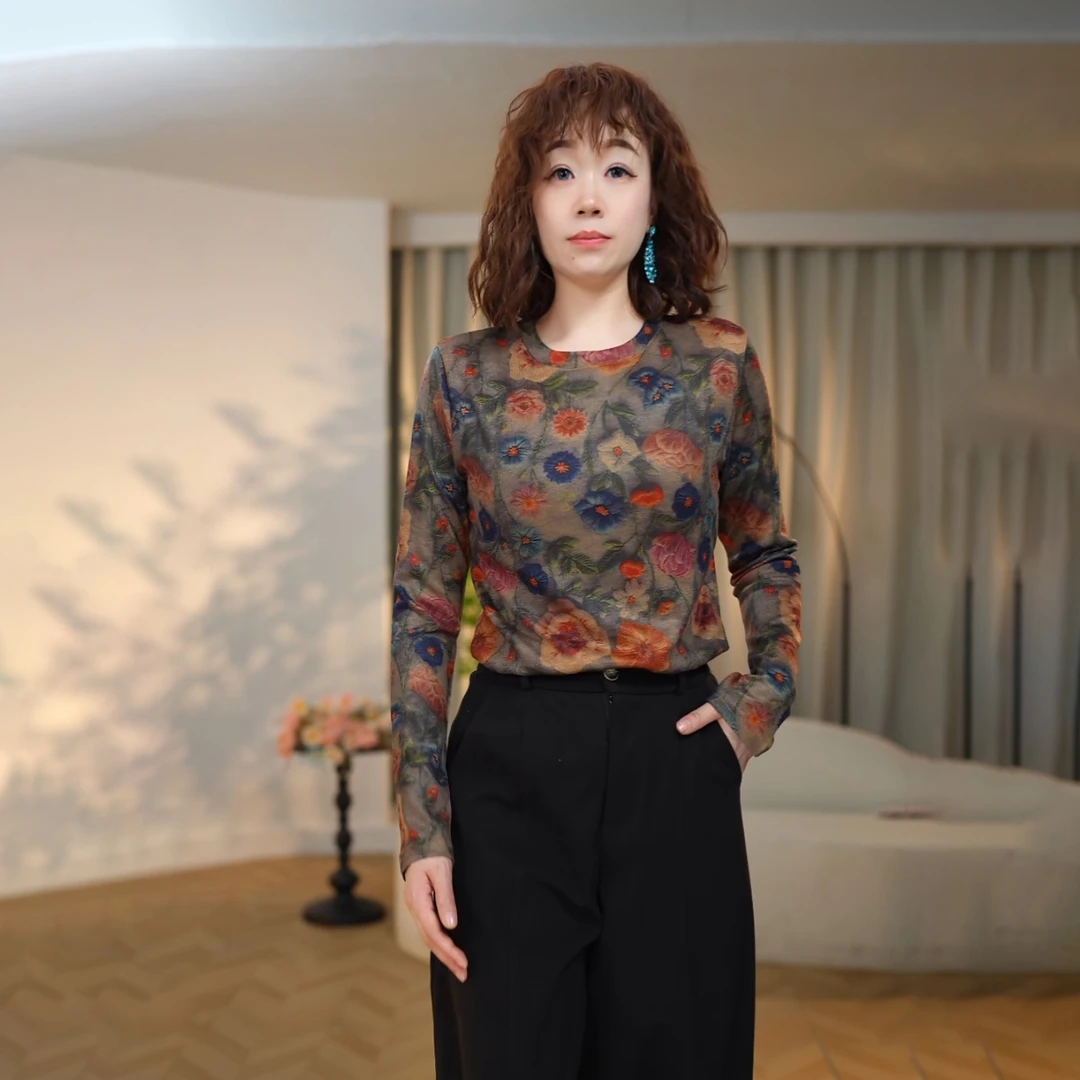 2025气质时尚百搭复古长袖圆领套头春秋毛针织衫碎花A0019